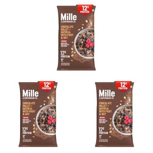 Image of Mille High PROTEIN Chocolate Oatmeal with Fruit & Nuts | Power of 5 grains - Oats, Ragi, Jowar, Barley, Wheat | Flax seeds, Almonds, Raisins | Healthy High Fibre Breakfast Cereal | 400g (Pack of 3)