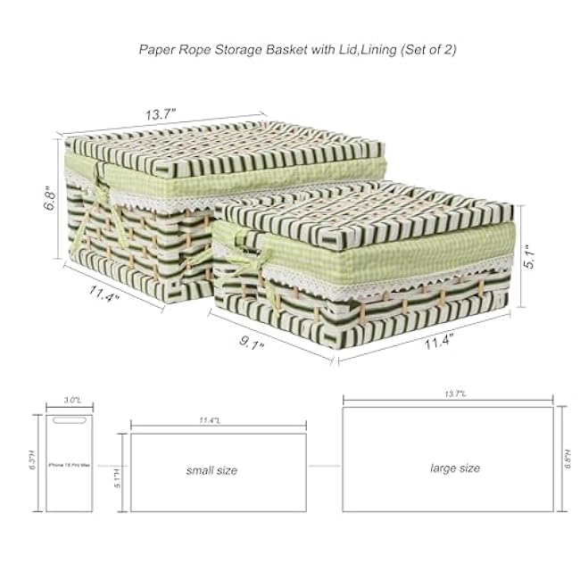 Paper Rope Storage Basket with Lid,Handmade Woven Rustic Green Shelf Basket for Organizing, Decor-Detachable & Washable Lining (Set of 2)