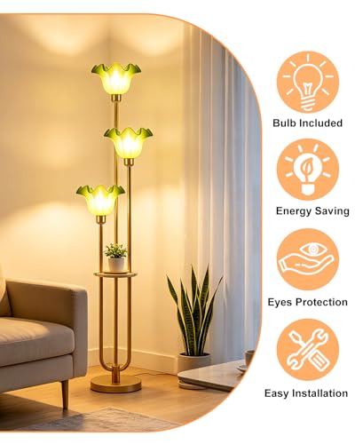Image of Green Flower Floor Lamp for Living Room, Mid Century Modern Floor Lamp Dimmable with Shelf & LED Bulbs, 3 Light Warmwhite Gold Tall Standing Lamp for Bedroom Girls Room Home Decor