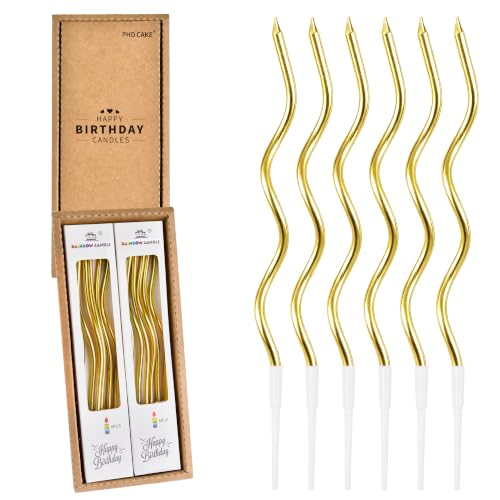 PHD CAKE 12-Count Gold Spiral Long Thin Metallic Birthday Candles Cake Candles Birthday Parties Wedding Decorations Party Candles