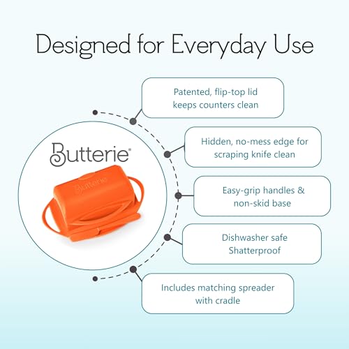Image of Butterie Flip Top Butter Dish with Attached Lid & Matching Knife - Holds 2 Sticks, Fits Kerrygold /European Butter - BPA Free & Dishwasher Safe - Orange