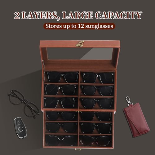Image of AUTOARK Leather & Velvet 12 Piece Eyeglasses Display Case,Coffee,AW-164 | Clear Lid,Storage and Sunglass Organizer,Drawer Lockable