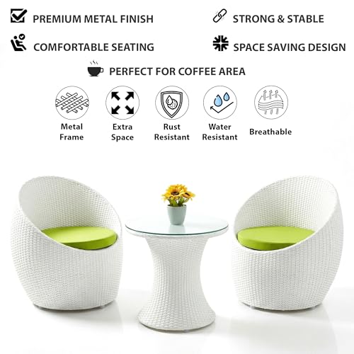 Image of OUTLIVING Outdoor Two Seater Rattan & Wicker Conversation Mudda Set | UV & Water Resistant Patio & Garden Furniture Set with 2 Cushioned Chairs & Glass Top Center Table | White & Green