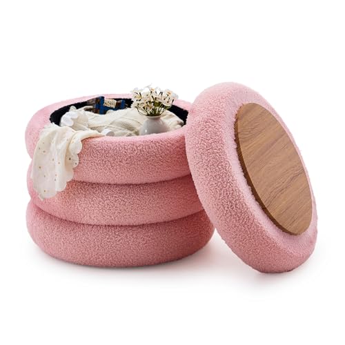 Image of Wimarsbon Round Storage Ottoman, Modern Sherpa Footstool, Teddy Vanity Stool with Flip-Top Tray, Makeup Chair for Home Decor, Upholstered Footrest for Living Room & Bedroom (Pink L)
