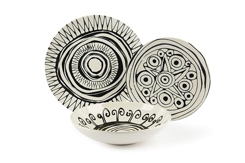 Excelsa Tribal - Juego de platos de 12 piezas, cerámica, juego de 4 personas, blanco con decoración negra en relieve