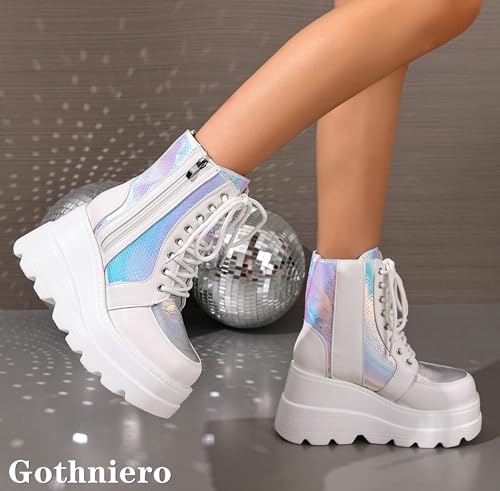 Image of Gothniero Platform Goth Ankle Boots for Womem Black Holographic Combat Chunky Heel Boots with Side Zip Lace Up Wedge Booties US5.5-11