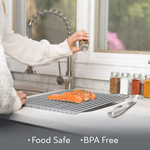 Oizeir Roll Up Dish Drying Rack - Silicone Coated Stainless Steel, Over The Sink, Foldable, Heat-Resistant, Anti-Slip, Dish Drainer. (17" X 12.5") #TOP5