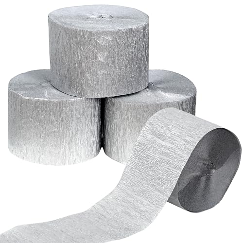 Silver Streamers 4 Rolls 328 Ft Silver Crepe Paper Streamer Party Decorations for Birthday Wedding Showers (1.8 in x 82 ft/Roll)
