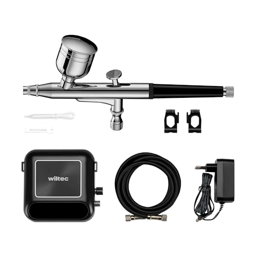 Wiltec HS-A10K Kompressor Zubehör Set 2,8 bar, Airbrush Set 12 V, Airbrushpistole mit 0,3 mm Düse, Druckluft Kompressor mit Air Brush