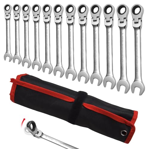 Image of WISEUP 12Pcs Ratchet Wrench, CR-V Chrome-vanadium Steel 8-19mm Wrench, 180 Adjustable Combination Wrenches, Double-end Ratchet Wrench, Anti-slip Rust-proof, Labor-saving Tools