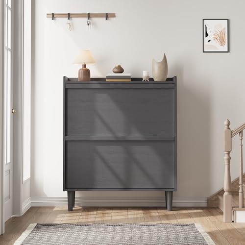 GarveeHome Shoe Cabinet with 2 Flip Drawers, Wooden Shoe Organizer Cabinet with Adjustable Shelf, Shoe Storage for Entryway, Hidden Shoe Cabinet for Hallway, Living Room, Black