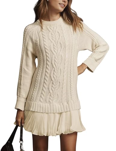 MINSURE Women Cable Knit Sweater Dress Crewneck Long Sleeve Pleated