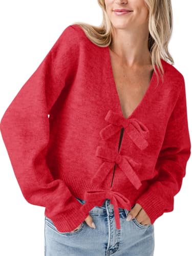 Image of Saodimallsu Womens Bow Sweater Cropped V Neck Long Sleeve Pullover Tops