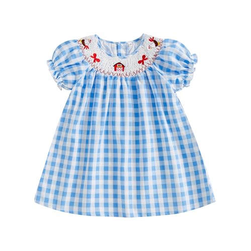 Toddler Girl Farm Animal Dress Short Puff Sleeve Chicken Bow Embroidery Plaid Print Smocked Dress Kids Casual Summer Dress
