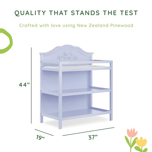 Image of Sweetpea Baby Jasmine Changing Table in Lavender, with Fixed Shelves, 1 inch Mattress Pad, Safety Strap, Safety Rails, New Zealand Pinewood Baby Changing Table