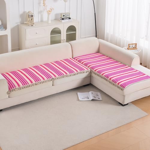 Image of HOKIPO 'Artisan Boho Series' L Shape (3+2 Seater) Seat Mat for Sofa | Thick 450 GSM Cotton Acrylic Jacquard Fabric Cover with Tassel, Fuchsia Pink (IN-904+903-A5)