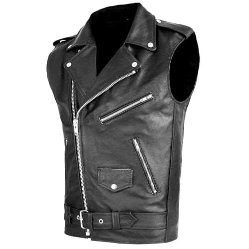 Maiyifu-GJ Men's Faux Leather Biker Sleeveless Jacket Vintage Asymmetric Zip Motorcycle Vest PU Lightweight Punk Belted Coat (Blacka1,Large)2