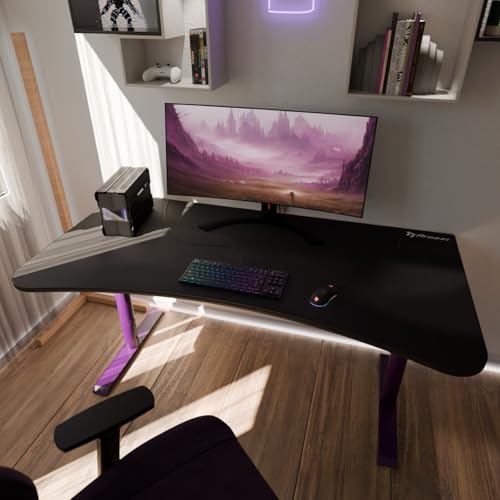 Image of Arozzi Arena Ultrawide Curved Gaming and Office Desk with Full Surface Water Resistant Desk Mat with 3 Custom Monitor Mount Cut Outs and Under The Desk Cable Management Netting - Deep Purple