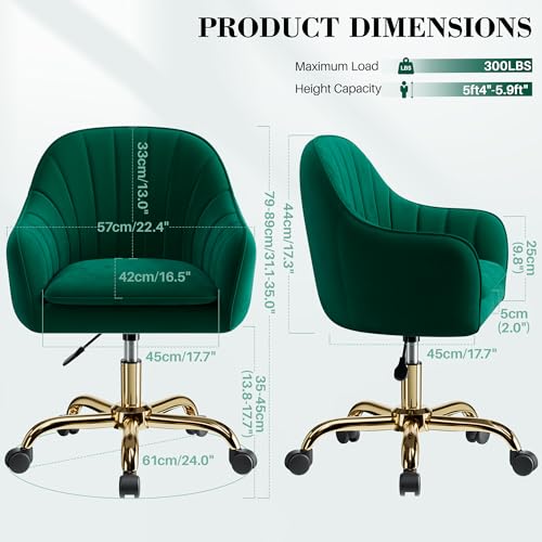 Image of Vanity Chair with Wheels, Comfy Home Office Desk Chairs Adjustable Modern Velvet Makeup Vanity Chairs for Bedroom Living Room-Green