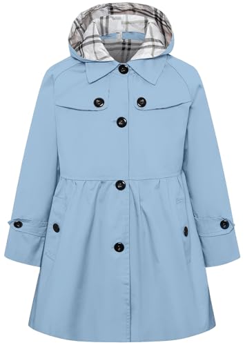 Betusline Girl's Single Breasted Windbreaker Hoodie Jacket Dress Coat Trench Coat Outerwear for Girl,1# Light Blue,7-8 Years = Tag 140
