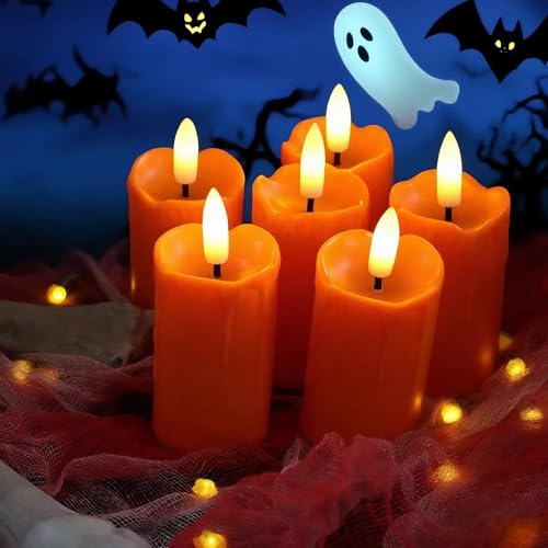 Image of 6 Pack LED Flameless Votives with Built-in Timer Realistic Black Wick Drips Battery Operated Electric Candle Set for Home Party Wedding Halloween Christmas Decorations 1.5 inch D x 3.5 inch H, Orange