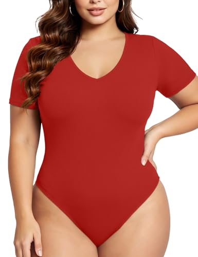 Image of COOTRY Plus Size Short Sleeve Bodysuit For Women V Neck One Piece Body Suit | Breathable Stretch&Lightweight,Basic Slim Fit Shirts Tops,Plus Size Casual Leotards For Dating Travel Daily Outfits