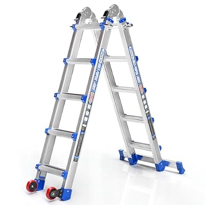 Wolec Telescoping A-Frame Ladder with Wheels & Stabilizer Bar - 17FT Folding Extension Ladder, 330lb Security Load Multi Position Ladders for Stairs Home Indoor Outdoor Roof
