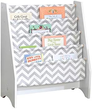 KidKraft Wooden Sling Shelf Bookcase - White and Gray Chevron Pattern - Canvas Fabric, Kids Bookshelf, Young Reader Support, Gift for Ages 3+