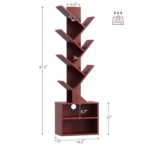 Image of SUNMORY 6 Tier Tree Bookshelf, Tall Small Bookcase with Storage Cabinet | Narrow Bookshelves Organizer, Floor Standing Book Case Shelf for Bedroom Living Room Home Office Corner, Cherry