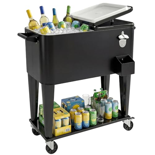 Outsunny Carro refrigerado de 76 l, con ruedas, abrebotellas, tapa de desagüe, nevera portátil con colector de cápsulas, carrito auxiliar, bar, recipiente refrigerador, carrito de bebidas, para