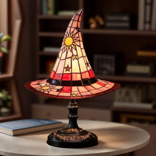 Image of Witch Hat Lamps, Handcrafted Stained Glass Resin Wizard Hat Light Gothic Table Lamp for Halloween Decor, Spooky Night Light for Bedroom and Indoor Parties, Unique Wiccan Gift