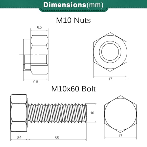 Drenky Nuts & Bolts Assortment: M10 x 60mm Hex Bolts & Lock Nuts Set - 304 Stainless Steel for Machinery Furniture, Car, Bike, 10 Pcs - Image 2