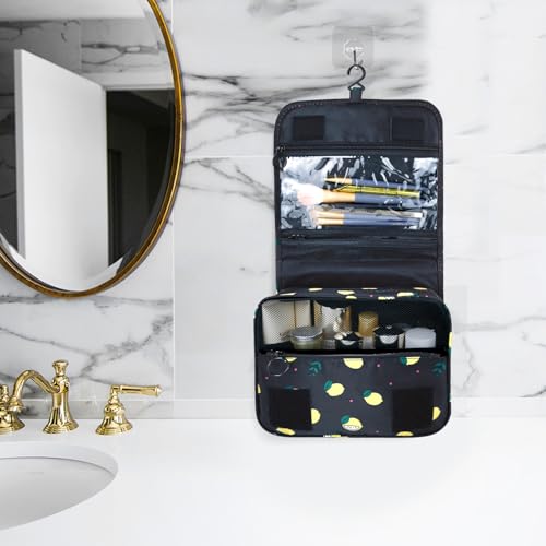 Image of Lcsmaokin Large Capacity Toiletry Bag Travel Bag with Hanging Hook for Men and Women Waterproof Travel Cosmetic Bag Bathroom Storage Bag for Brushes Set,Full-Sized Shampoo,Accessories-Black Lemon