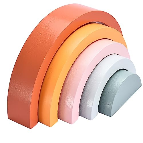 Image of Wooden Rainbow Stacking Toy - Montessori Rainbow Nesting Puzzle - Building Block Stacker Game for Baby, Kids, and Toddler - Educational and Interactive toys - Non-toxic Sensory Learning Gift
