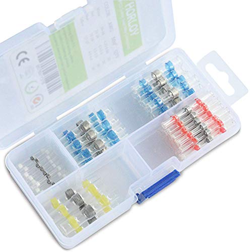 65 PCS Horloy Solder Seal Wire Connectors Heat Shrink Butt Connectors Electrical Waterproof Insulated Wire Terminals Marine Automotive Butt Connectors with Case