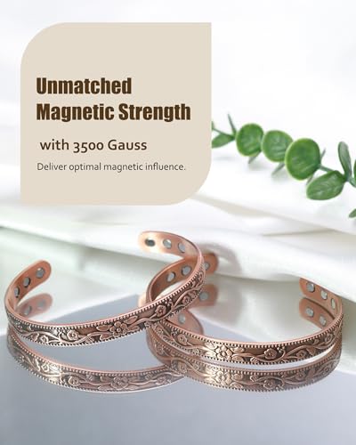 Image of Jecanori 2Pcs Magnetic Copper Bracelets for Women, Vintage Flower 99.99% Pure Copper Bracelets with 3500 Gauss Magnets, Adjustable Cuff Jewelry with Gift Box