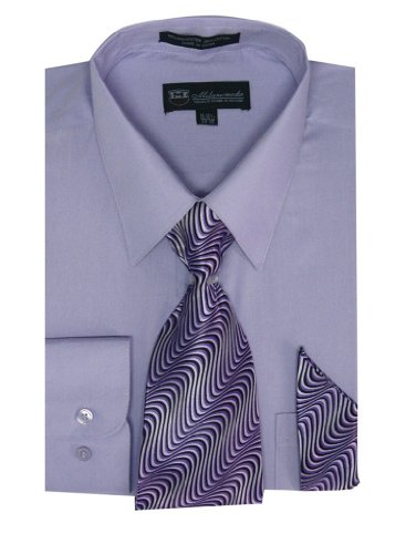 Milano Moda Men's Long Sleeve Dress Shirt with Matching Tie and Handkie SG21A-Levender-16-16 1/2-34-35