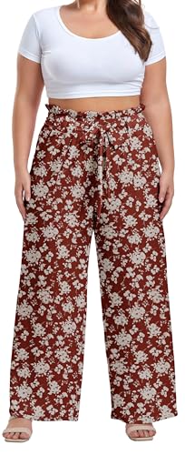 Image of OLRIK Women's Plus Size Pants Adjustable High Waisted Wide Leg Palazzo Pants Casual Trousers with Pockets Spring Clothes