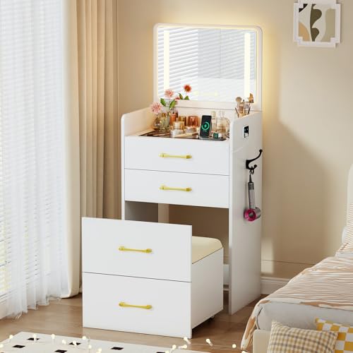 Lvifur 3 in 1 Vanity Desk with Flip Top Mirror and Lights,Modern Glass Top Small Makeup Vanity w/Charging Station & Human Sensor Light,Compact Vanity with 3 Drawers,Rolling Cushioned Stool