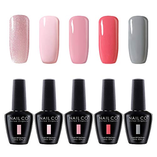 NAILCO 5 Colors Gel Polish Soak Off UV LED Manicure Set Requires Drying Under Nail Lamp,15ML Each Bottle-Pink Gray