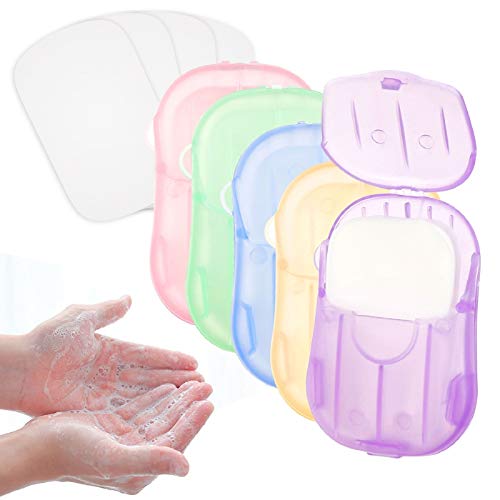 LOTSOF Portable hand Washing Soap Paper Sheets Natural Scent Soft Foaming Soap Sheets Washing Hand Bath Toiletry Soap for Outdoor Keep Hand Clean and Safe (5 Colors Boxes-100 Sheets)