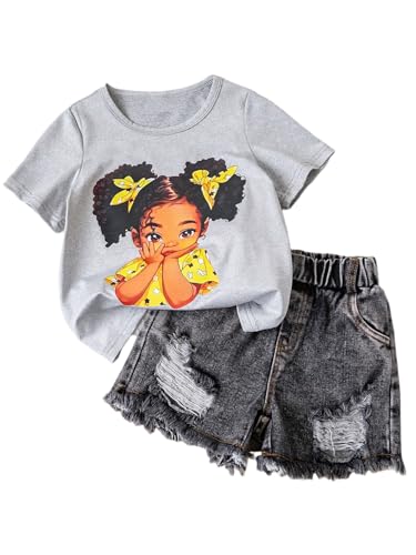 Image of Kids Toddler Girls Summer Clothes Leopard Butterfly Print T-Shirt + Belted Denim Jeans Shorts 3PCS Outfits