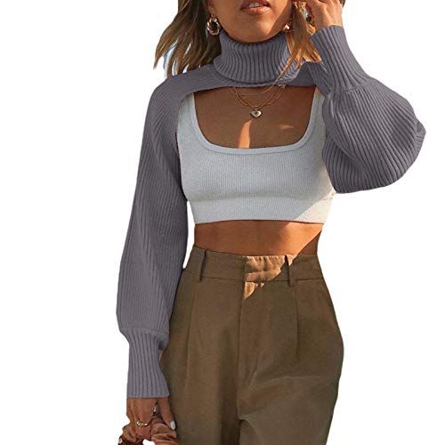 Women Long Sleeve Turtleneck Sweater Shrugs Long Puff Sleeve Pullover Knitted Cutout Crop Top (Gray)