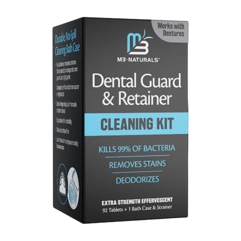 Retainer Cleaner Tablets and Soak Container Universal No Mess Denture Cleaning Tablets and Denture Bath Case Strainer Multipurpose Bath Cup Mouth Guard Cleaner for Stains Odor Plaque by M3 Naturals Cover