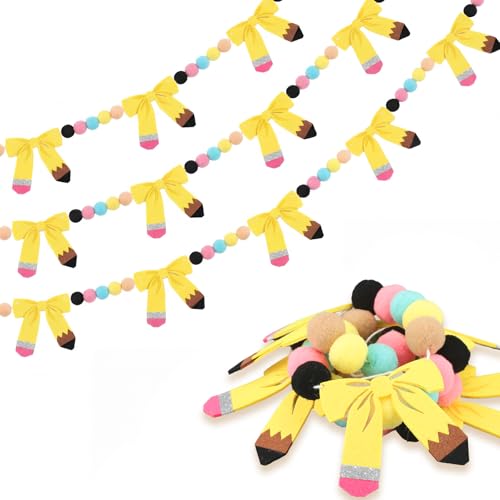 Hahafelt 3 Pcs Pencil Bow Felt Garland Back to School Hanging Banner 8.2 ft Pencil Bow Classroom Garland Decor Pre Strung Felt Pompom Banners Photo Props for First Day of School Classroom Decoration