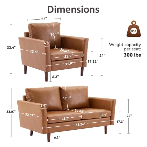 Image of Kingfun 58 inch Faux Leather Loveseat Sofa, Mid Century Modern Leather Couch for Living Room, Small Love Seat for Small Spaces, 2-Seater with Rolled Arms and Deep Seats, Dark Brown