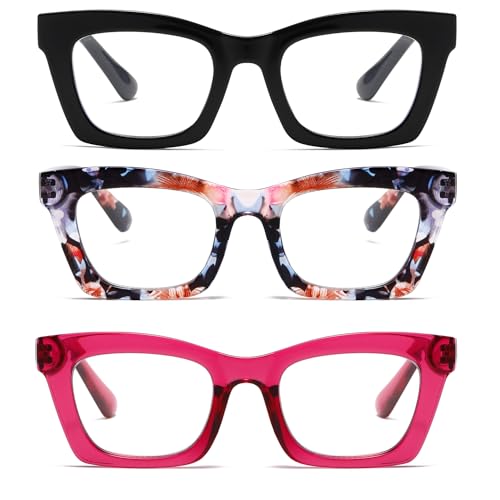 Hubeye Gafas de lectura para Mujeres de Moda Anteojos de lectura con Bisagra de resorte ultraligeras anti luz azul (Negro+Flor+Rosa, 1.50)