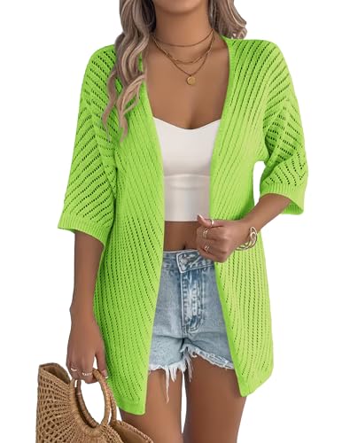 Image of Zeagoo Summer Kimonos for Women 3 /4 Sleeve Open Front Crochet Cardigans V Neck Loose Casual Vacation Outwear Neon Green
