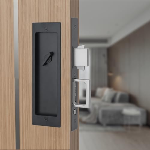LWZH Privacy Pocket Door Lock Hardware, Hidden Handles, Privacy Pocket Door Lock with Push Automatic Bounce Switch (Black)