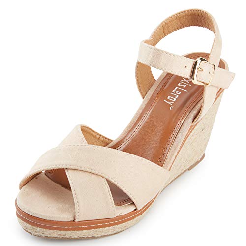 Alexis Leroy Women’s Open Toe Cross Strap Espadrilles Wedge Sandals Beige 7-7.5 M